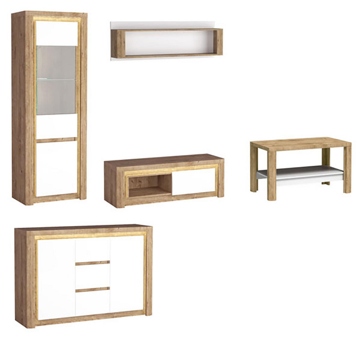 WOHNZIMMER-SET Livinio Ribbeck Eiche weiß Hochglanz 5-teilig - Weiß Hochglanz/Braun, Holz/Holzwerkstoff (377/197/41cm) - Feldmann-Wohnen