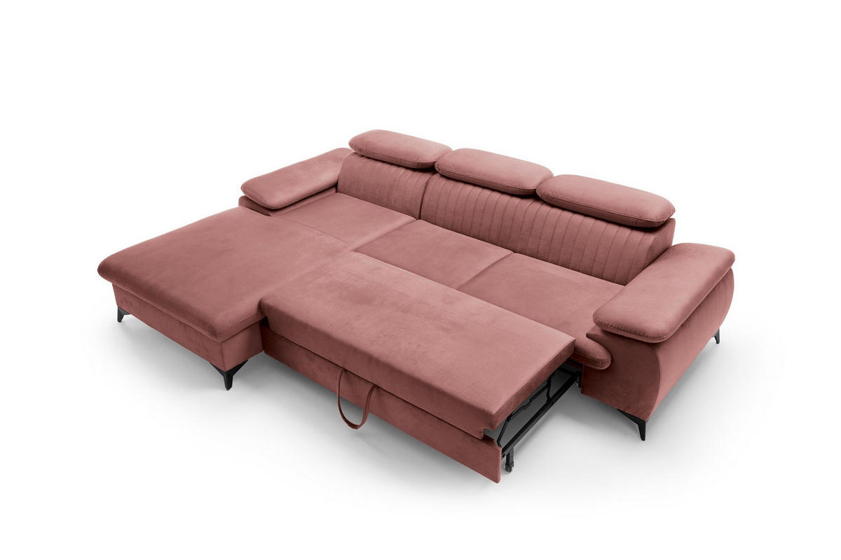 ECKSOFA FIORE Rosa Velours-Stoff mit Schlaffunktion - Rosa, Holz (280/193cm) - MASSENO