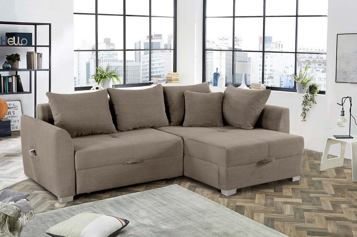 ECKSOFA mit Schlaffunktion und Bettkasten, seitenverkehrt montierbar B236/T160/H81 cm, Liegefl. 142x202 cm, Cord Braun Taupe / 15208 - Taupe/Chromfarben, Kunststoff/Textil (236/160cm) - luma-home