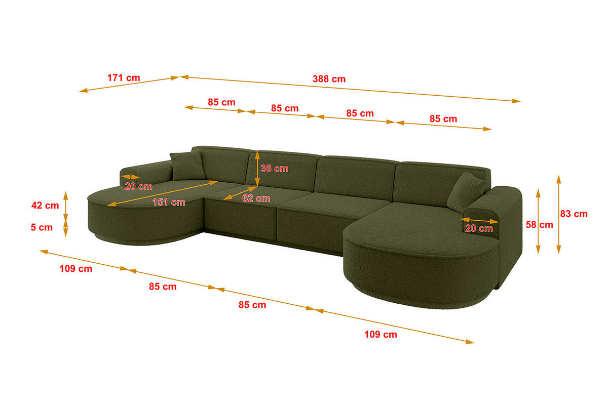 WOHNLANDSCHAFT MARI-U2-v3 - 388x171x83 cm Grün Bouclé - Schwarz/Grün, Holzwerkstoff/Kunststoff (388/83/171cm) - ALTDECOR