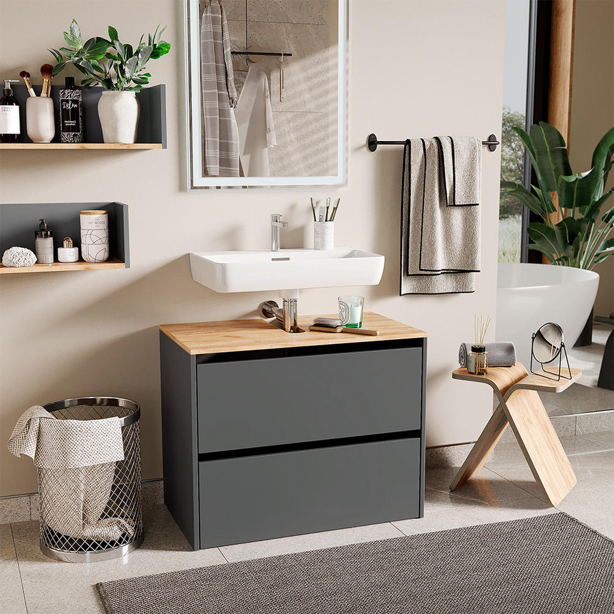 WASCHBECKENUNTERSCHRANK Viktor Anthrazit/Goldkraft Eiche 80.2 x 65 cm mit 2 Schubladen - Honigeiche/Anthrazit, Holzwerkstoff (80.2/65/45.5cm) - Vicco