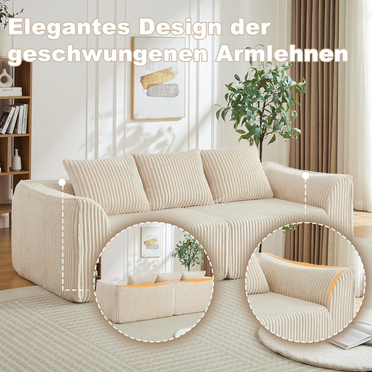 3-SITZER SOFA Cord Beige mit Kissen - Beige, Textil (235.5/72.5/101cm) - WISHDOR