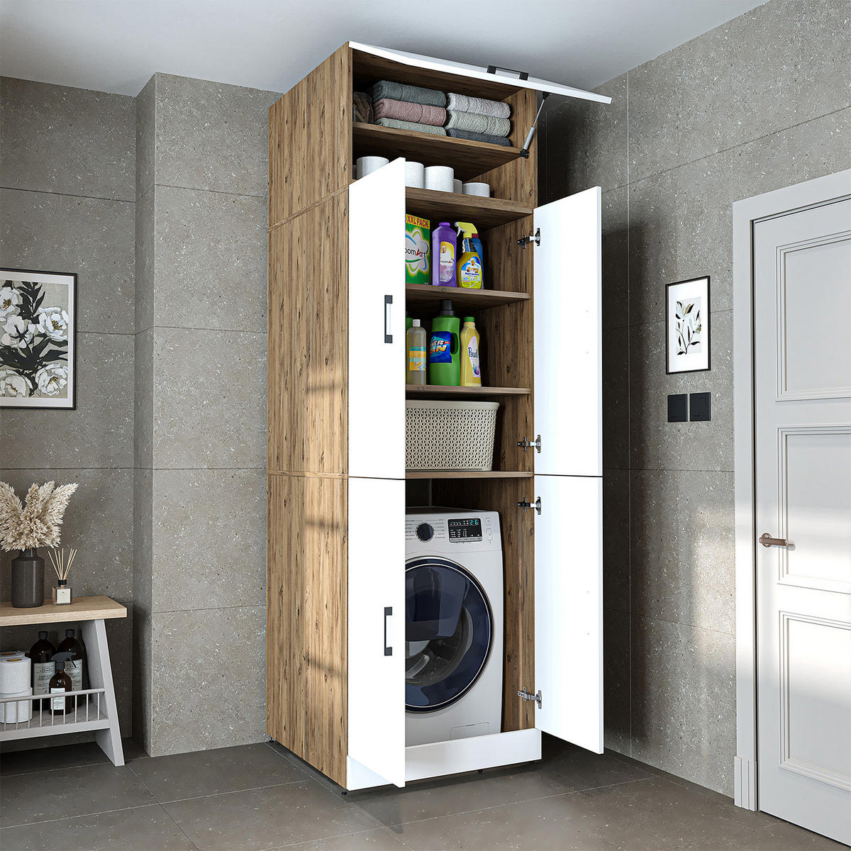 WASCHMASCHINENSCHRANK DORA-II 70cm Breit, 230cm Hoch - Eiche Bianco, Holzwerkstoff (70/230/74cm)