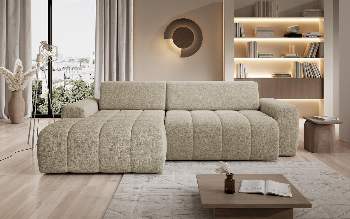 ECKSOFA Savio Freistehend, Mit Abriebfestem Kansas-Stoff, Maße 265x172x81cm, Ausziehbare Sitzfläche 206x92cm, Linke, Dunkelbeige - Currygelb, Holz/Textil (172/265cm) - DomoHome