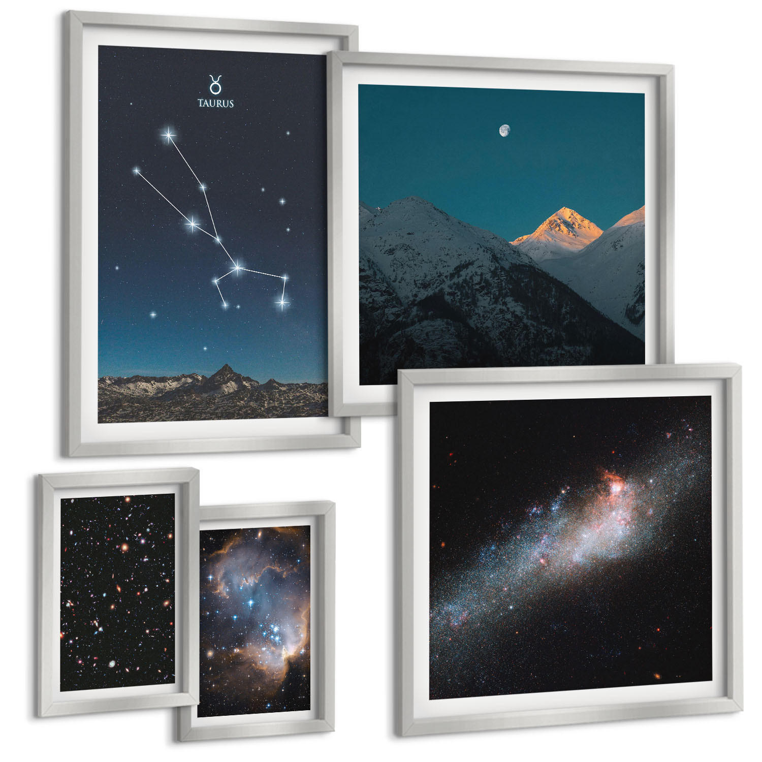 BILDER SET 5er Set - 50x50 cm & 20x30 cm & 40x60 cm Silberner Rahmen - Kosmische Sternenlandschaften - Silberfarben, Kunststoff (40/60cm) - TULUP