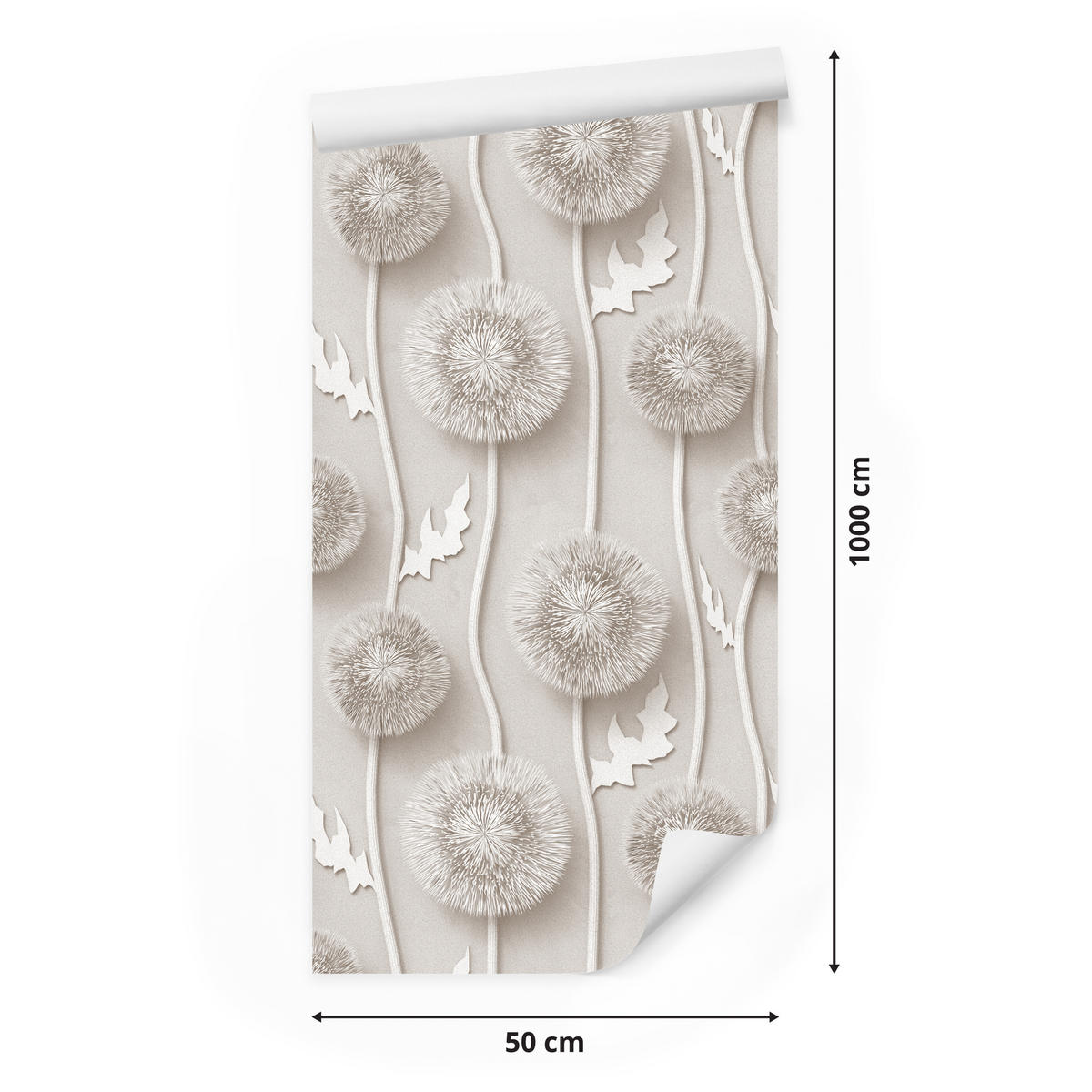 VLIESTAPETE Pusteblumen in 3D-Optik – Beige, Grau – 50x1000 cm - Beige/Grau, Papier (50/1000cm) - Muralo