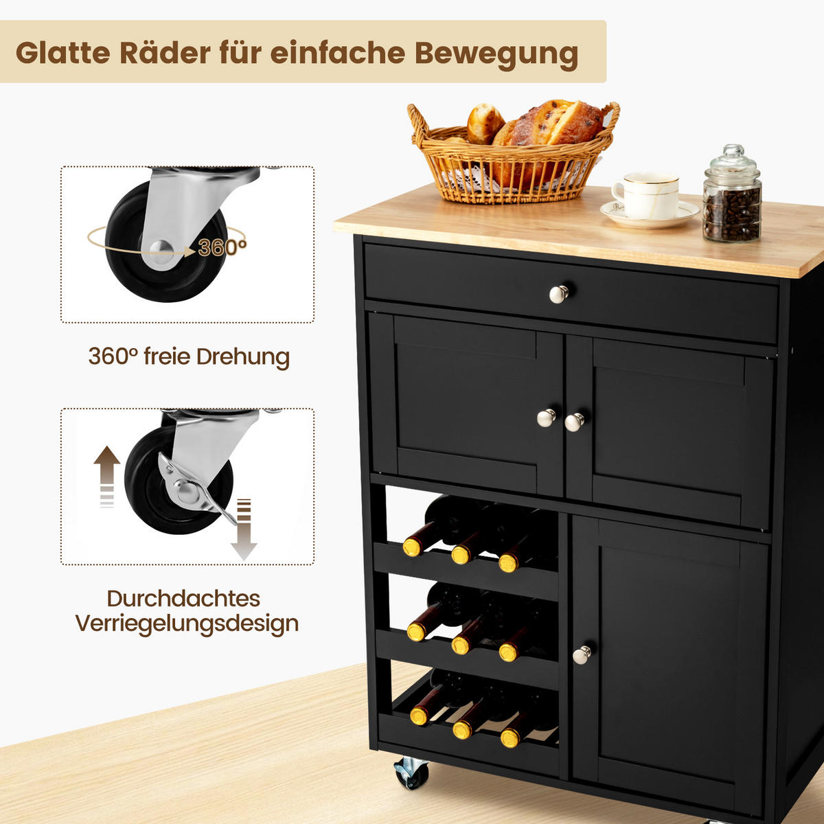 KÜCHENWAGEN Schwarz - Schwarz, Holz (67/37/87cm) - COSTWAY