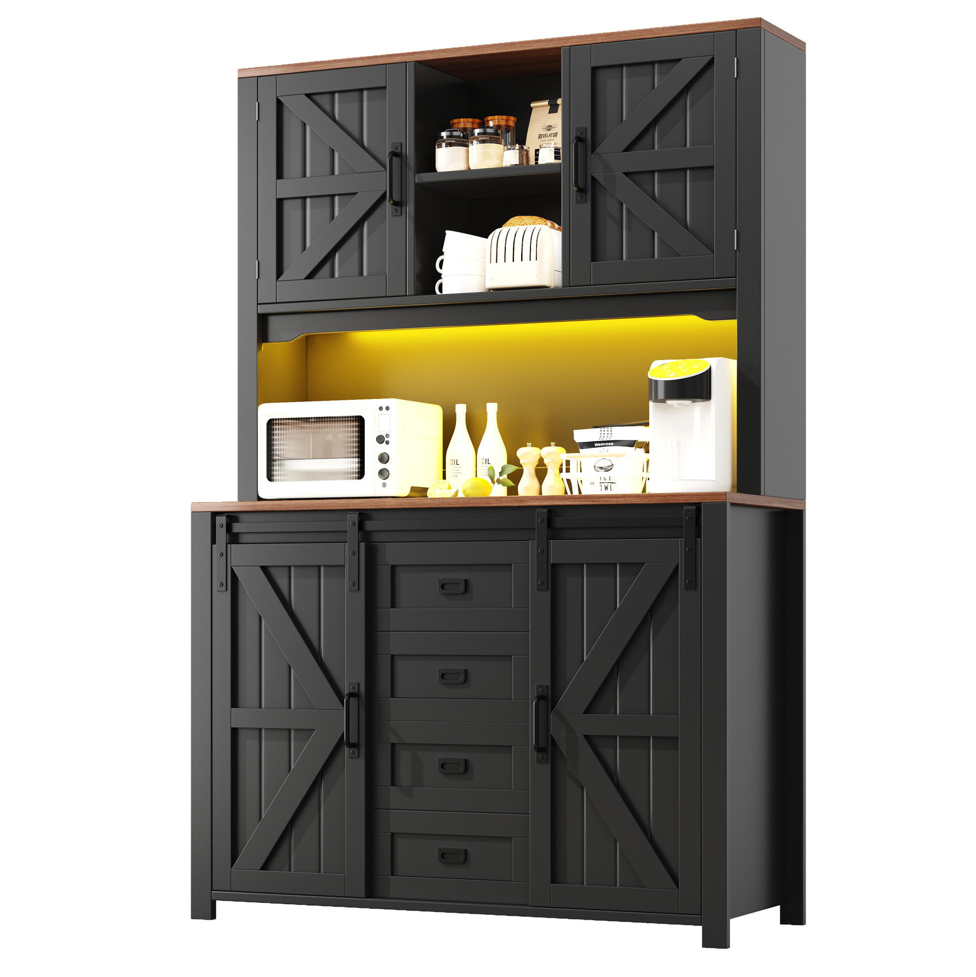 Modfu KUCHYŇSKÁ skříňka z MDF a kovu 115x40x174,7 cm černá s posuvnými dvířky, zásuvkami a LED osvětlením