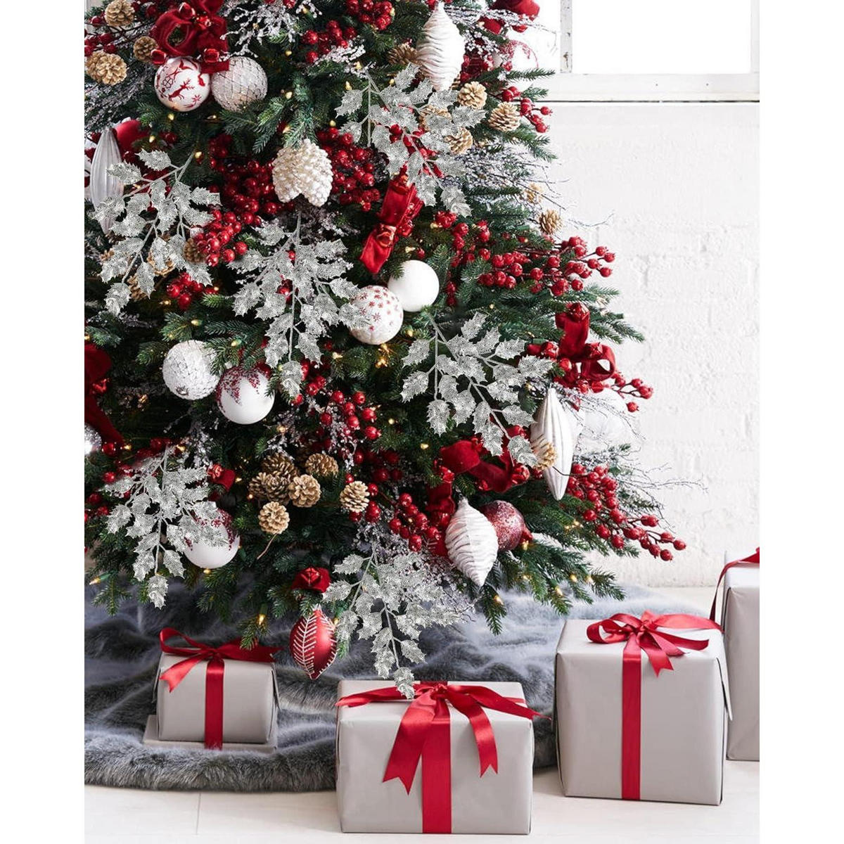 KUNSTZWEIG 6-teiliges Set Glitzernde Eichenblätter 58 cm Silber - Silberfarben, Kunststoff (58.4cm)