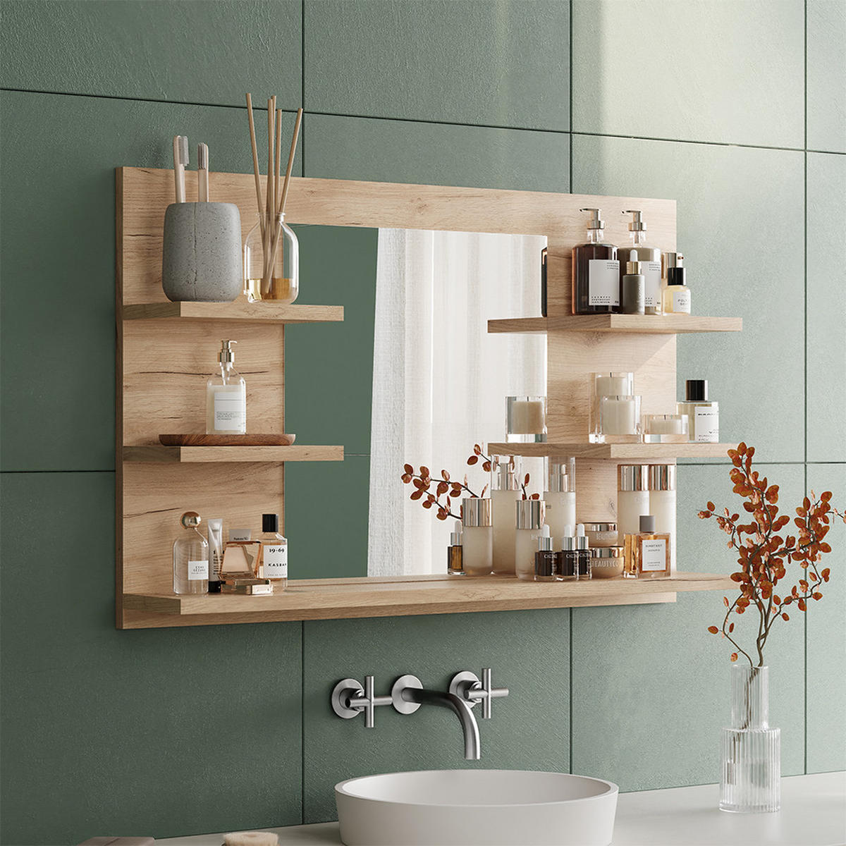 BADSPIEGELSCHRANK Wilbur Goldkraft Eiche 78 x 50 cm mit Regalen - Eiche Wotan, Holzwerkstoff (78/50/13.6cm) - Vicco