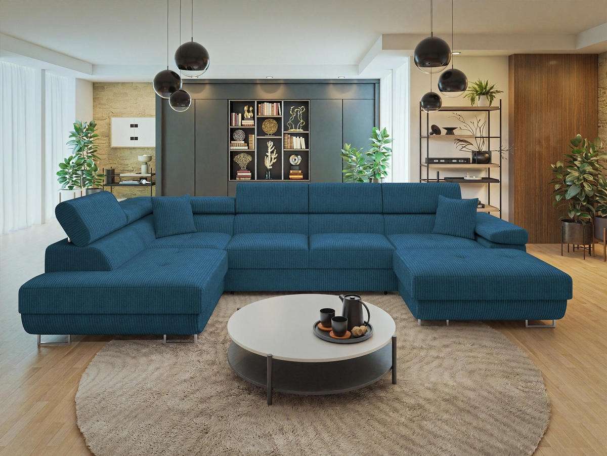 WOHNLANDSCHAFT Torezio Bis Cord, Seite: Links - Blau, Holz/Textil (346/90/203cm) - MIRJAN24