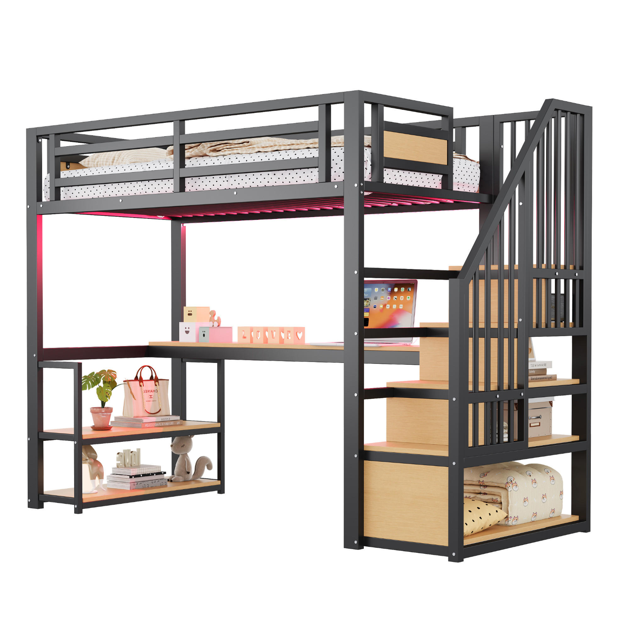 HOCHBETT 90/200 cm aus MDF und Metall mit Stauraumtreppe, Regal und Tisch Schwarz - Schwarz, Metall (90/200cm) - Modenvie