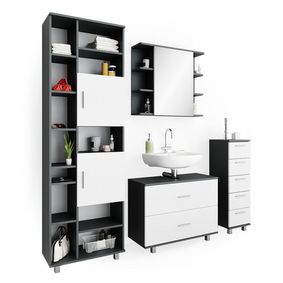 BADMÖBEL-SET Ilias Weiß/Anthrazit 4 Teile, mit Hochschrank - Anthrazit/Weiß, Holzwerkstoff (80.2/60.8/33cm) - Vicco