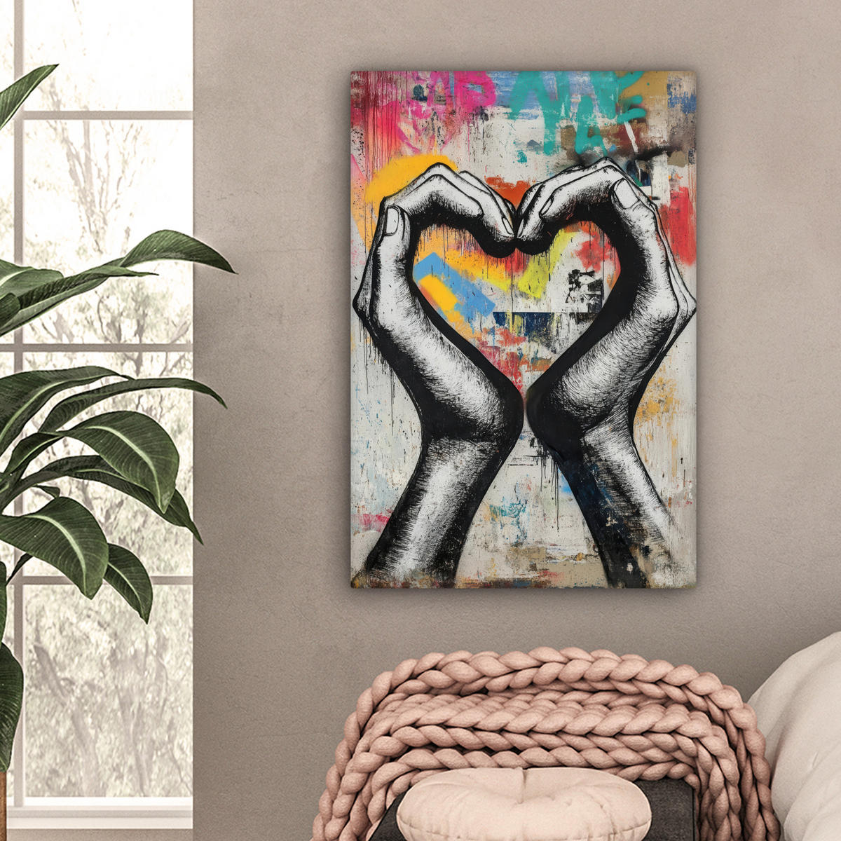 OBRAZ NA PLÁTNE Ruky - Srdce - Street art - Graffiti 60x90 cm - viacfarebná, textil (60/90cm) - MuchoWow