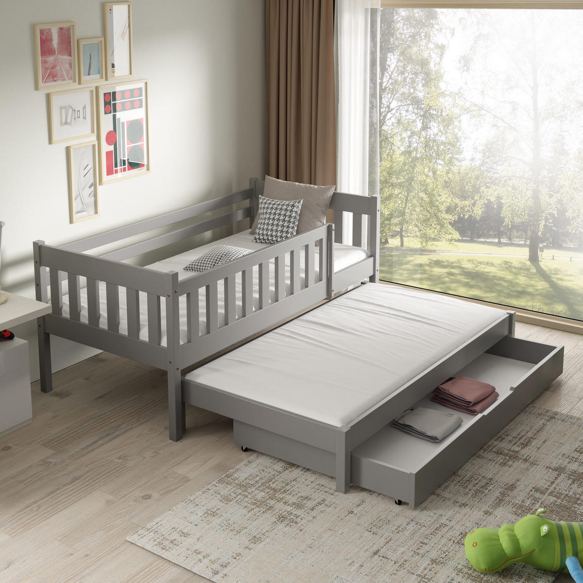 ETAGENBETT STELLA mit Bettkasten 80x160 cm Hellgrau - Hellgrau, Holz (80/160cm) - MASSENO