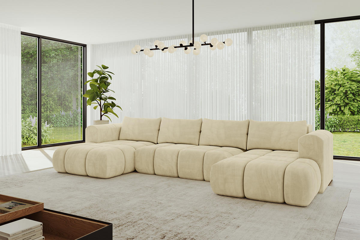 WOHNLANDSCHAFT Ottomane Links CLOUD-U 414x180x40 Beige Velours - Beige, Holzwerkstoff/Kunststoff (414/90/180cm) - ALTDECOR