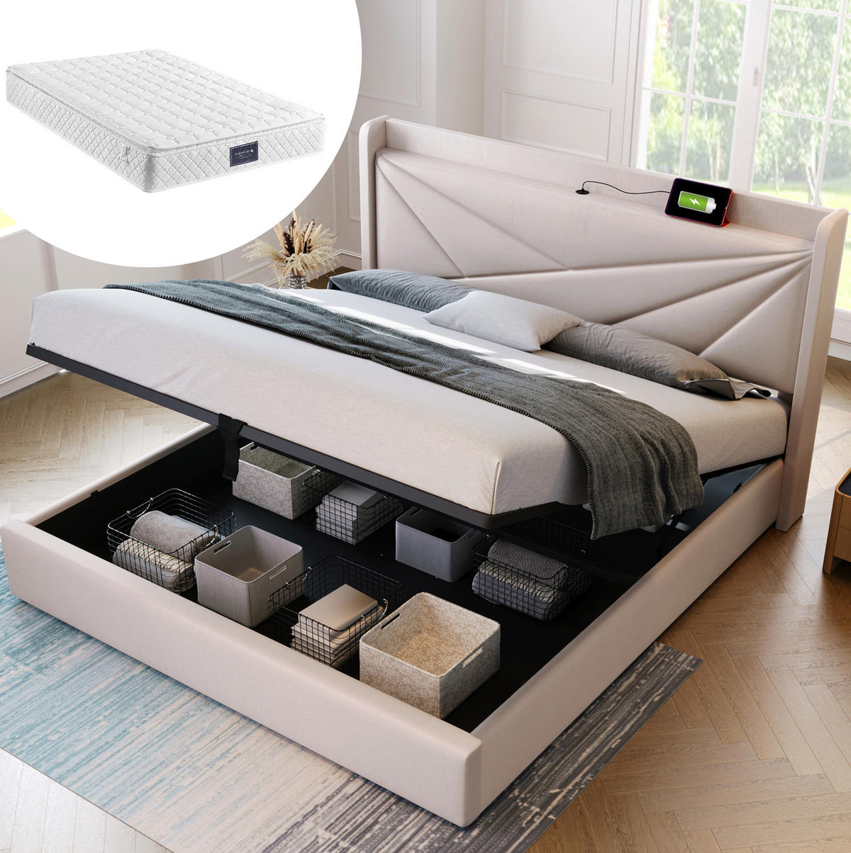 OBLAZINJENA postelja s prostorom za shranjevanje, 146/208/107 cm, bež, z vzmetnico in USB/USB-C - bež, tekstil (140/200cm) - Modenvie