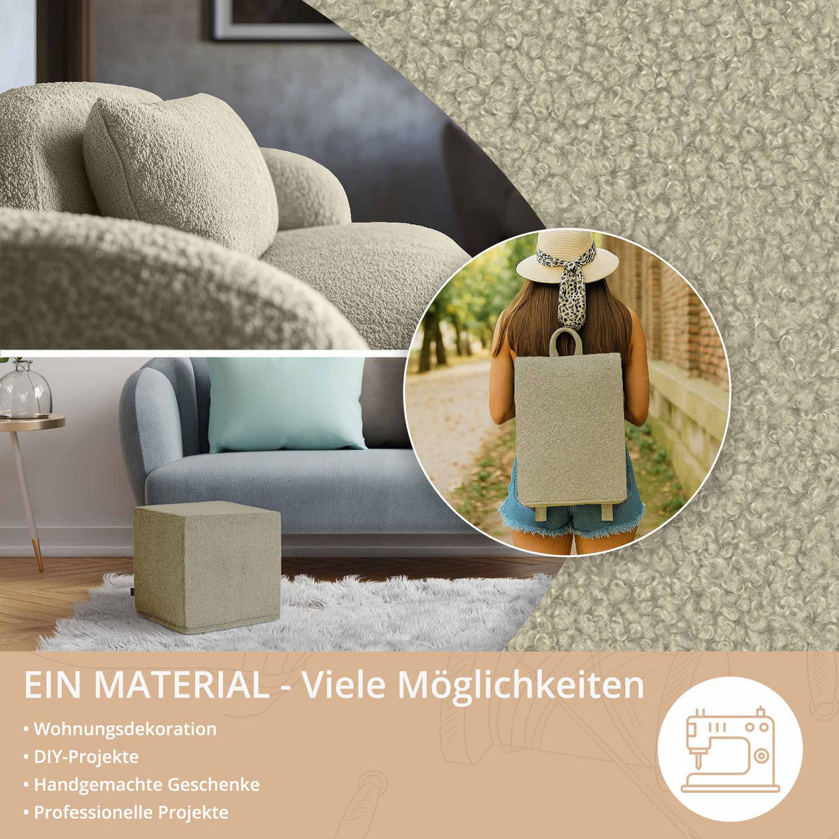 BOUCLESTOFF Quelle Beige– 315 g/m², 140 cm breit, weich & robust, feuer- & UV-resistent - Beige, Textil (140/100cm) - Dreamroots