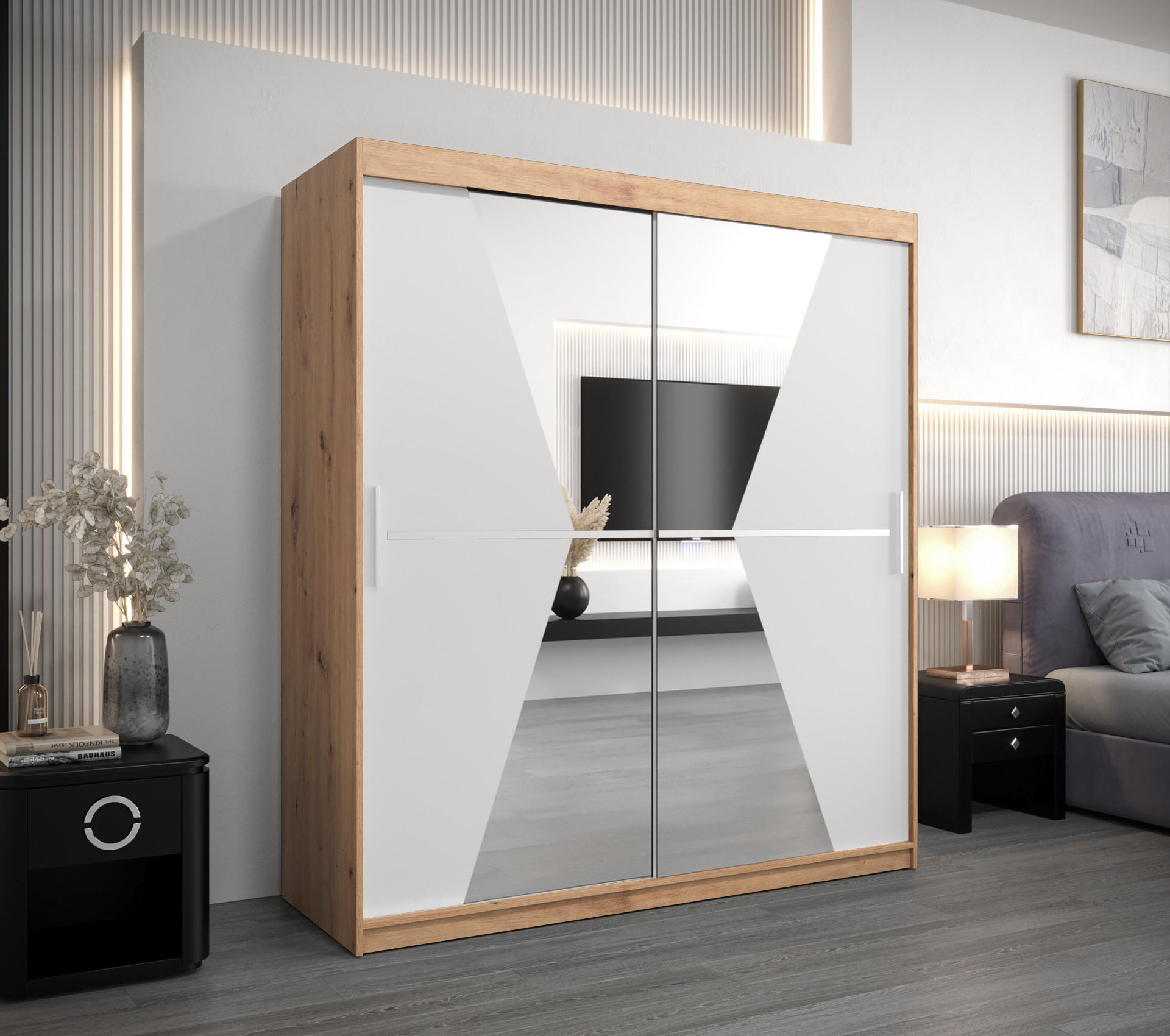 SCHWEBETÜRENSCHRANK 200/180/62 2-türig - Silberfarben/Weiß, Holz/Kunststoff (180/200/62cm) - Abiks Möbel