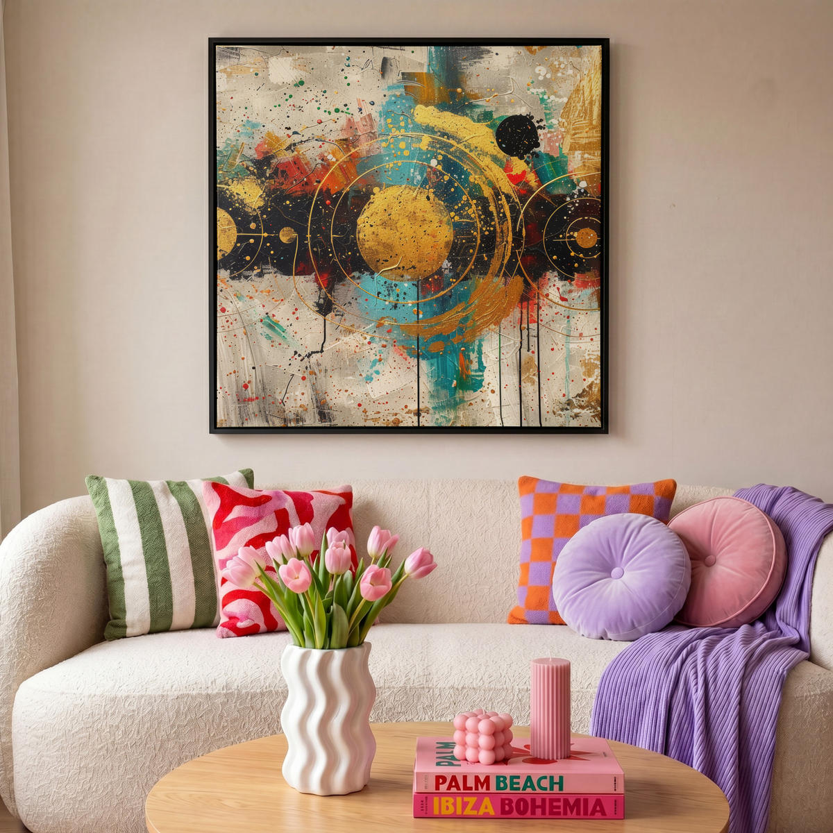 LEINWAND Bilder mit Rahmen - Abstrakt - Kunst - Gold - Modern - 90x90 - Multicolor, Textil (90/90cm) - MuchoWow