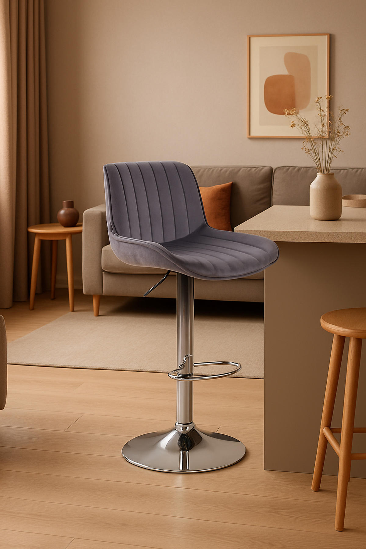 BARHOCKER Lento Gestell Metall in Chromoptik Samt Dunkelgrau - Chromfarben/Grau, Textil/Metall (50/108/50cm) - TPFLiving