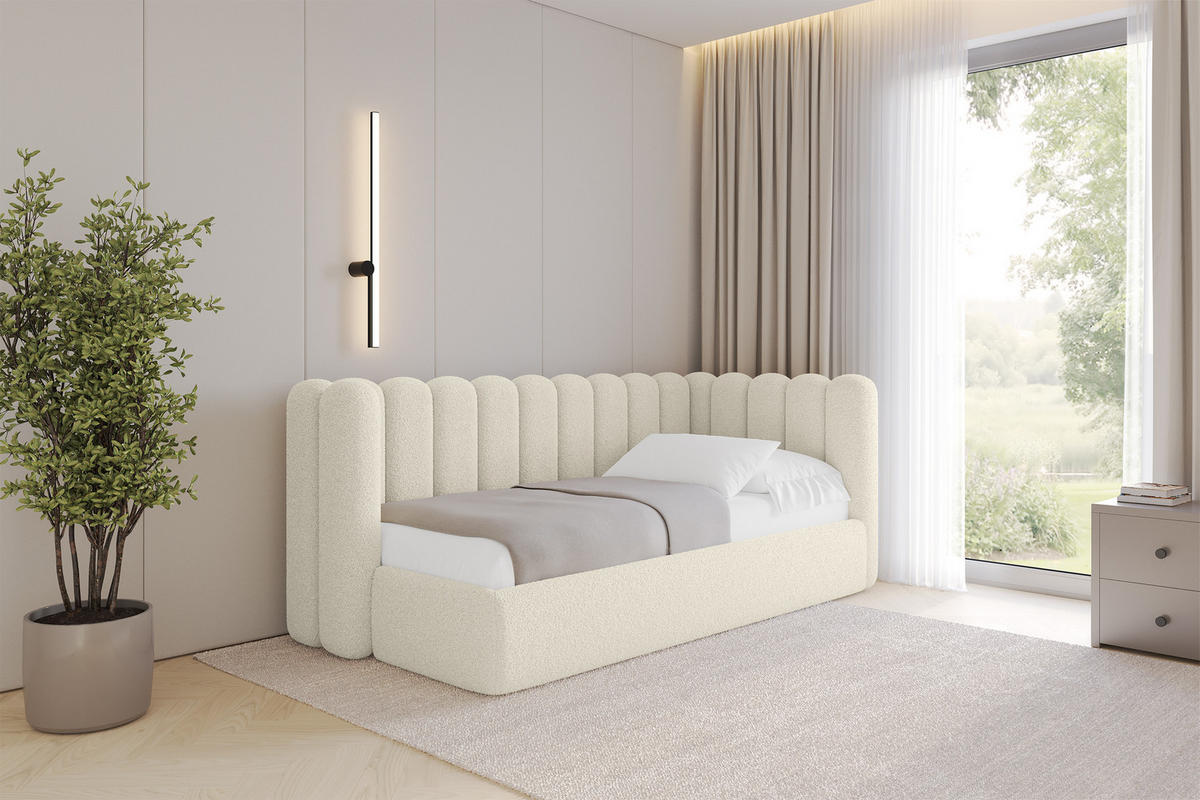 EINZELLBETT Jugendbett mit Bettkasten und Matratze H3/H4, Links - HUGY 100x200 Beige - Champagner, Holzwerkstoff/Textil (100/200cm) - ALTDECOR