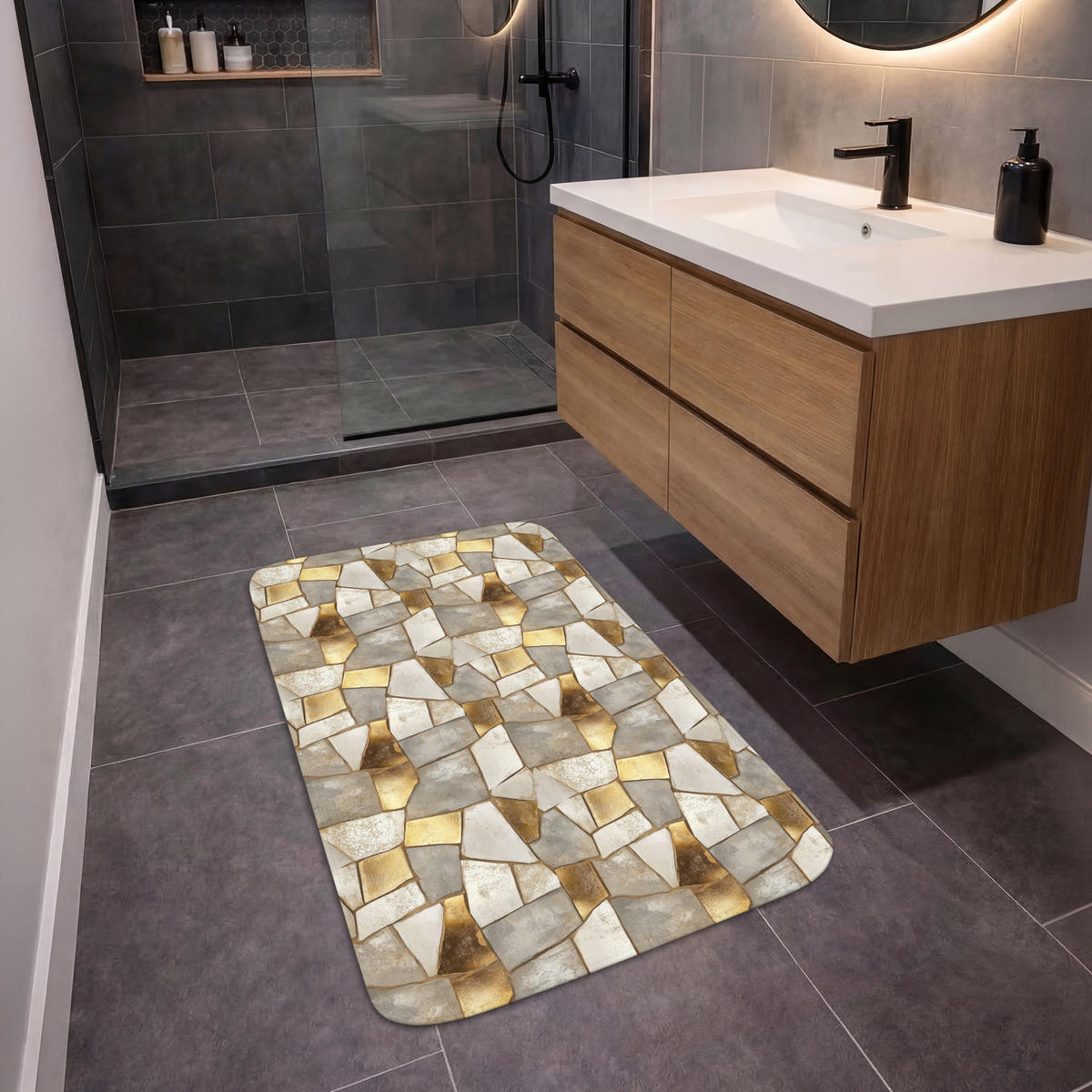 KOUPELNOVÁ PŘEDLOŽKA Mozaika - Mramor - Zlato 60x90 cm - šampaňská, textil/plast (60/90cm)