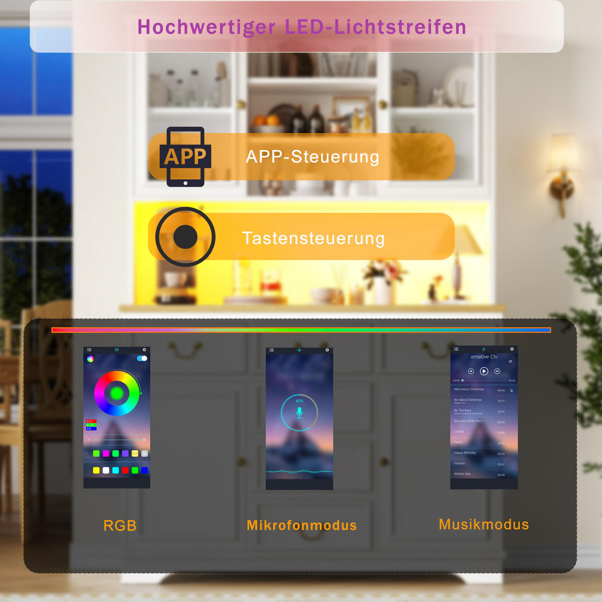 BUFFETSCHRANK 118/39,5/180 cm Weiß aus MDF mit LED - Weiß, Holzwerkstoff (118/180/40cm) - OKWISH