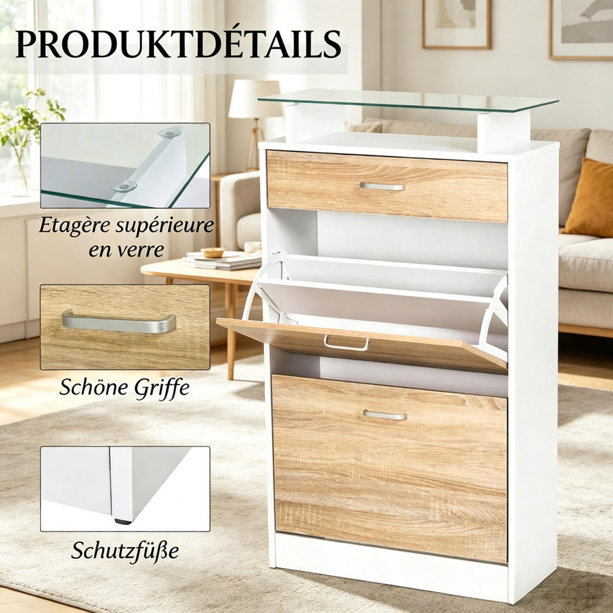 SCHUHKIPPER DE-38077 60/24/105,5 cm mit 2 Klapptüren und Glasregal Helle Eiche/Weiß - Eichefarben/Weiß, Holzwerkstoff (60/105/24cm) - ComfortXL