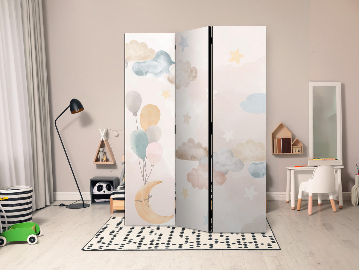 PARAVENT Beidseitig Bedruckter 3-tlg 135x172 cm Sterne Wolken Ballons - Multicolor, Holz/Textil (135/172/3cm) - Muralo