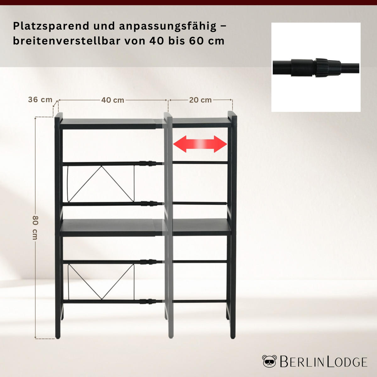 VERSTELLBARES Mikrowellenregal NEXO mit Ablagefläche 3-Stufig HxBxT 80x40-60x36 cm Ausziehbar zwischen 40-60cm Metall Schwarz - Schwarz, Metall (60/80/36cm) - BERLINLODGE