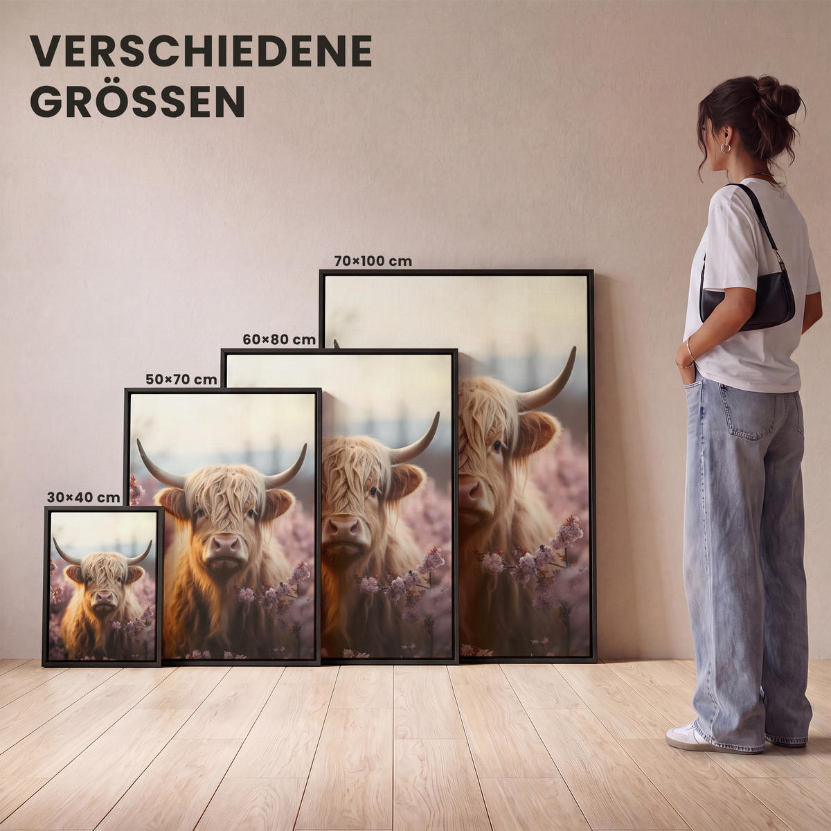 LEINWAND Bilder mit Rahmen - Schottischer Hochländer - Frühling - Hochland - 30x40 - Hellrosa, Textil (30/40cm) - MuchoWow