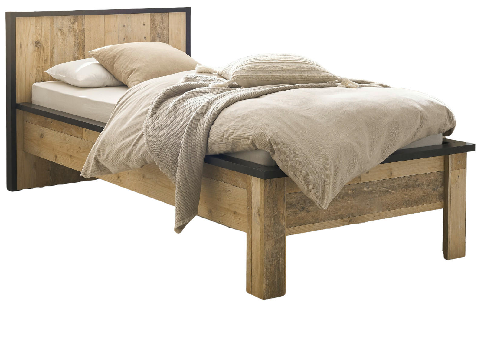 BETT Used Wood hell, dunkles Grau, Einzelbett Liegefläche 90 x 200 cm - Dunkelgrau/Naturfarben, Holzwerkstoff/Metall (90/200cm) - Furn.Design