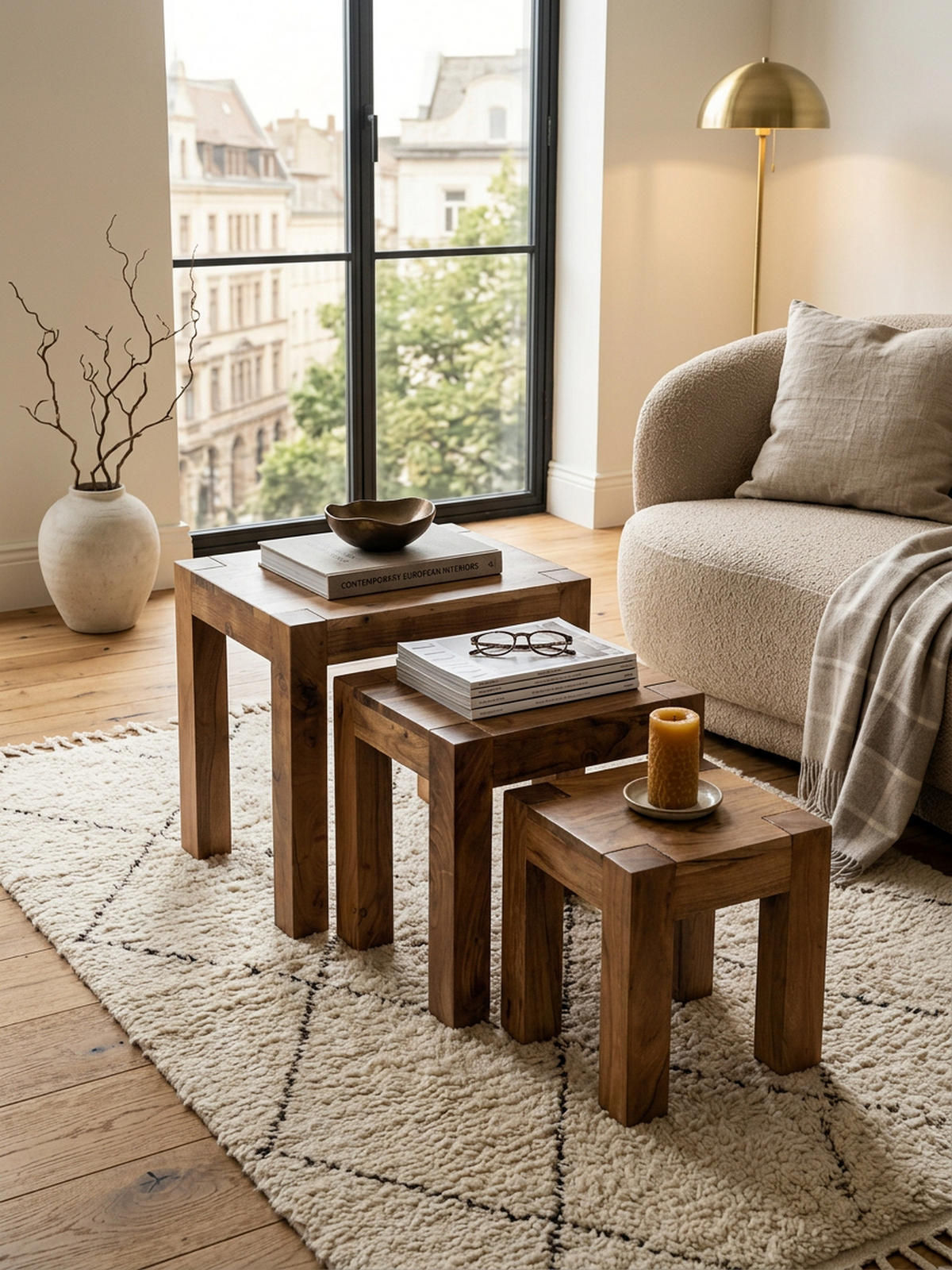 BEISTELLTISCH 3er Set Massivholz Platzsparend Landhausstil NAKO, Braun 50x36x45 cm - Braun, Holz (36/50/45cm) - KADIMA DESIGN