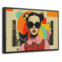 LEINWAND Bilder mit Rahmen - Mädchen - Sonnenbrille - Katze - Retro - 30x20 - Beige, Textil (30/20cm) - MuchoWow