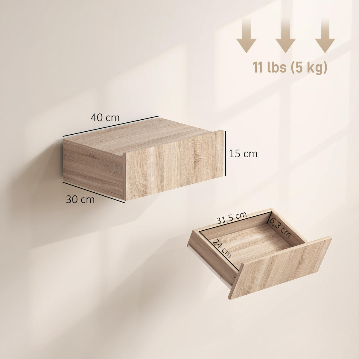 NACHTSCHRANK 2er-Set DE-12974 Schublade Eiche - Eichefarben, Holzwerkstoff (30/15/40cm) - ComfortXL