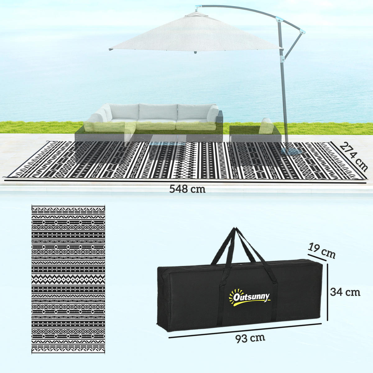OUTDOORTEPPICH, Wetterfest - Schwarz, Kunststoff (274/548cm) - Outsunny