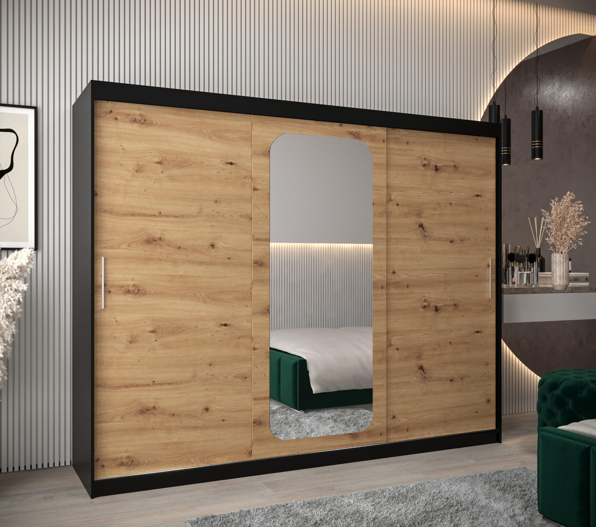 SCHWEBETÜRENSCHRANK 200/250/62 3-türig - Silberfarben/Schwarz, Holz/Kunststoff (250/200/62cm) - Abiks Möbel