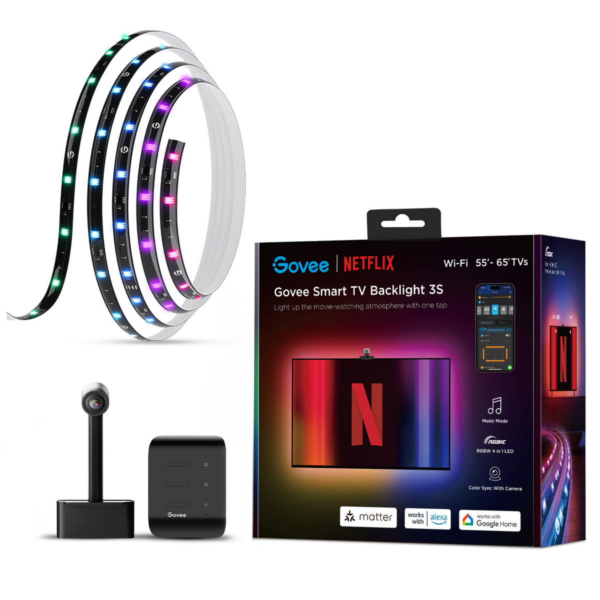 TV-HINTERGRUNDBELEUCHTUNG Backlight 3S Netflix RGBICW, 3,6 m, 55 - 65 Zoll - Multicolor, Kunststoff (360/1/1cm) - Govee