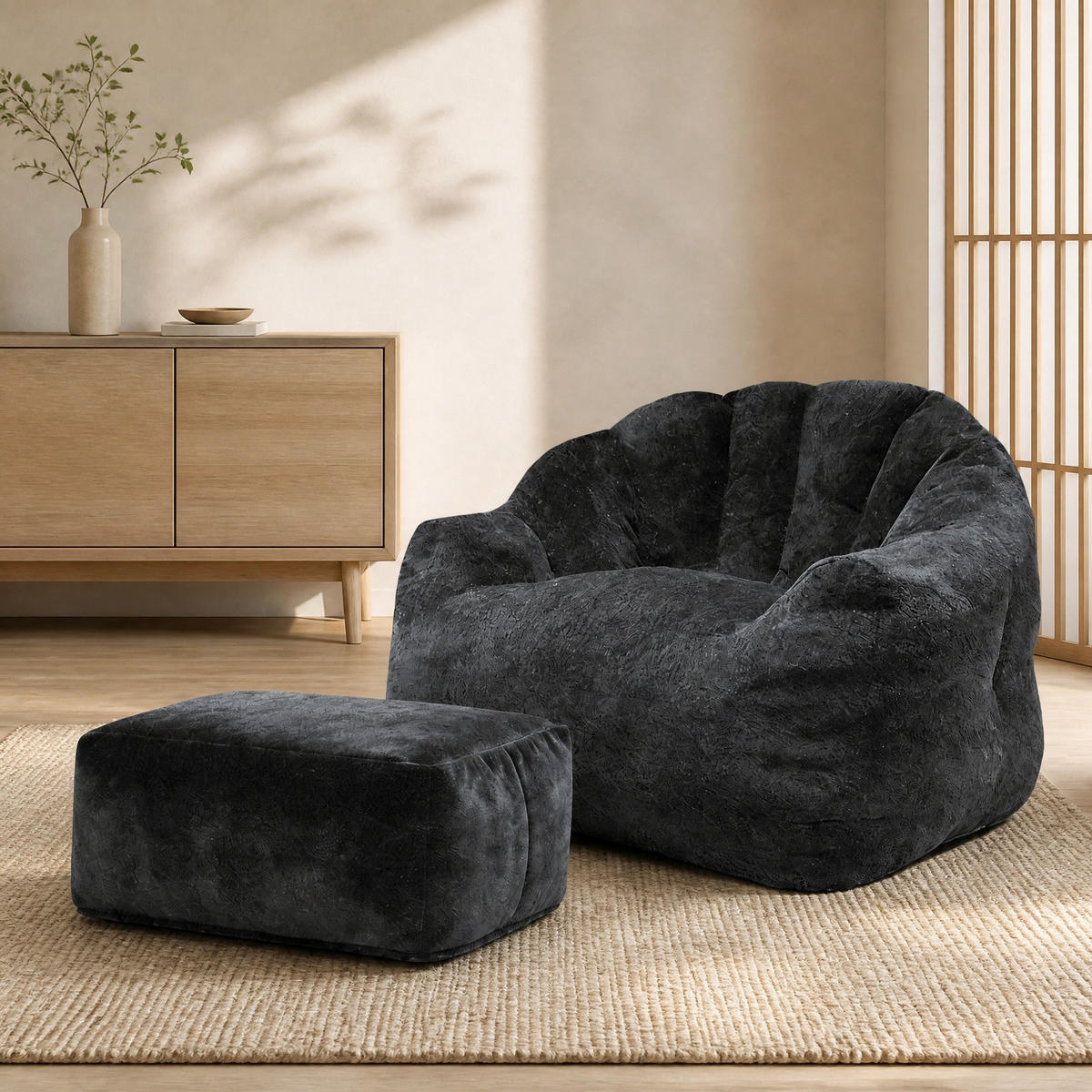 SESSEL mit Hocker Flannelette Schwarz - Schwarz, Kunststoff (86/65/99cm) - Beauniv