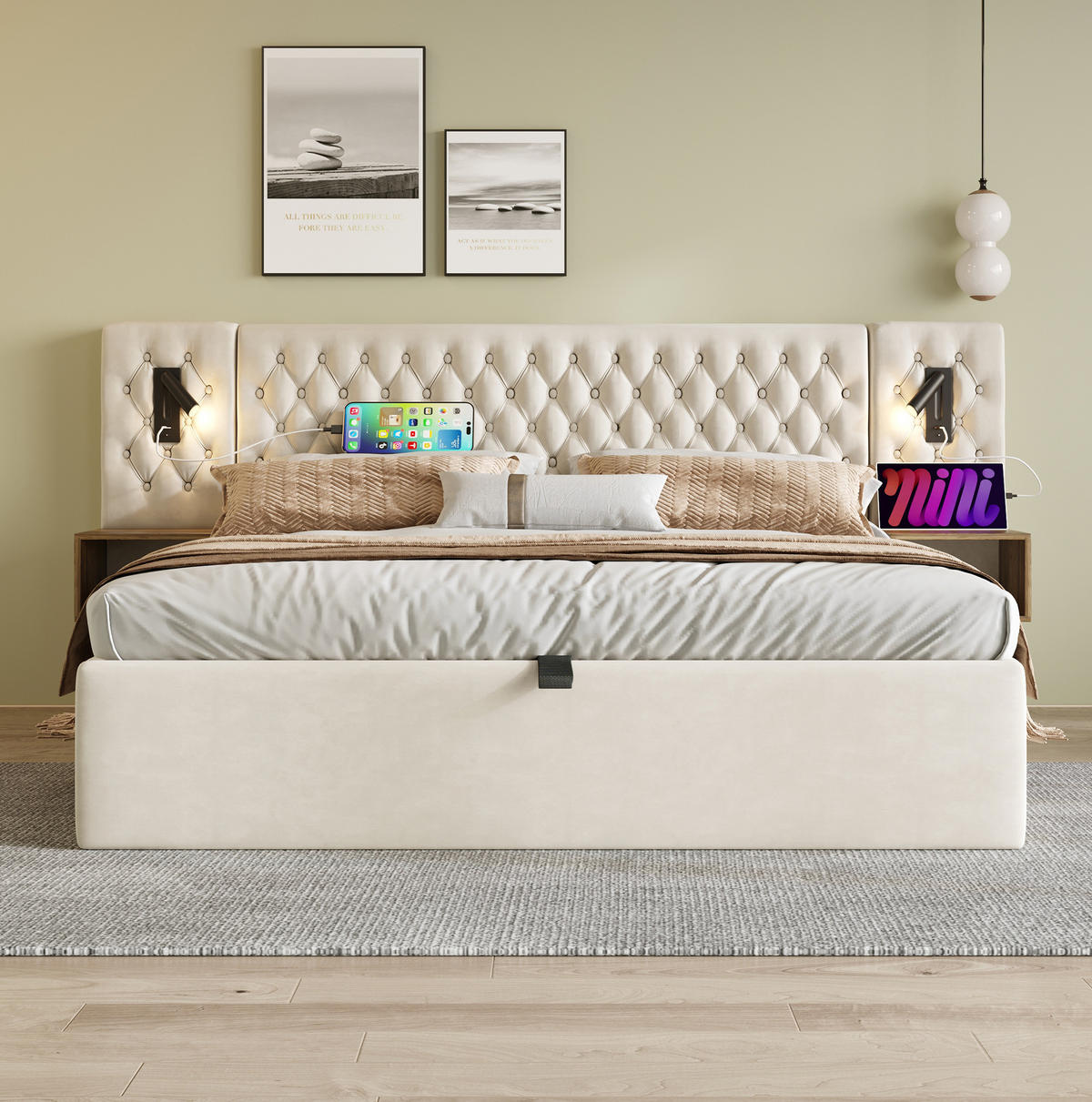 POLSTERBETT 160/200 cm Beige mit Bettkasten, Nachttischen und Matratze - Beige, Textil (160/200cm) - Flora Grace