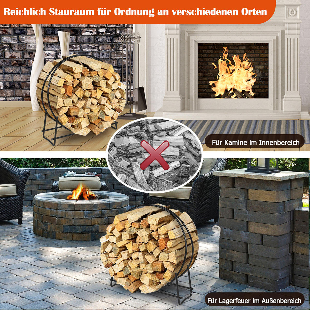 KAMINHOLZREGAL Schwarz - Schwarz, Metall (33/104/95cm) - COSTWAY