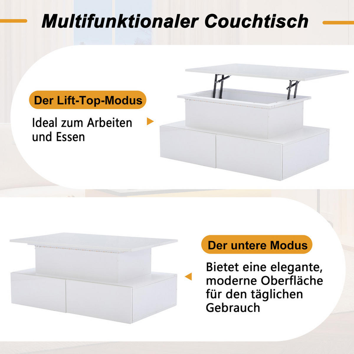COUCHTISCH 90x55cm Weiß Hochglanz LED 4 Schubladen Stauraum 30kg - Weiß, Holz (101.6/62.23/10.8cm) - FLIEKS