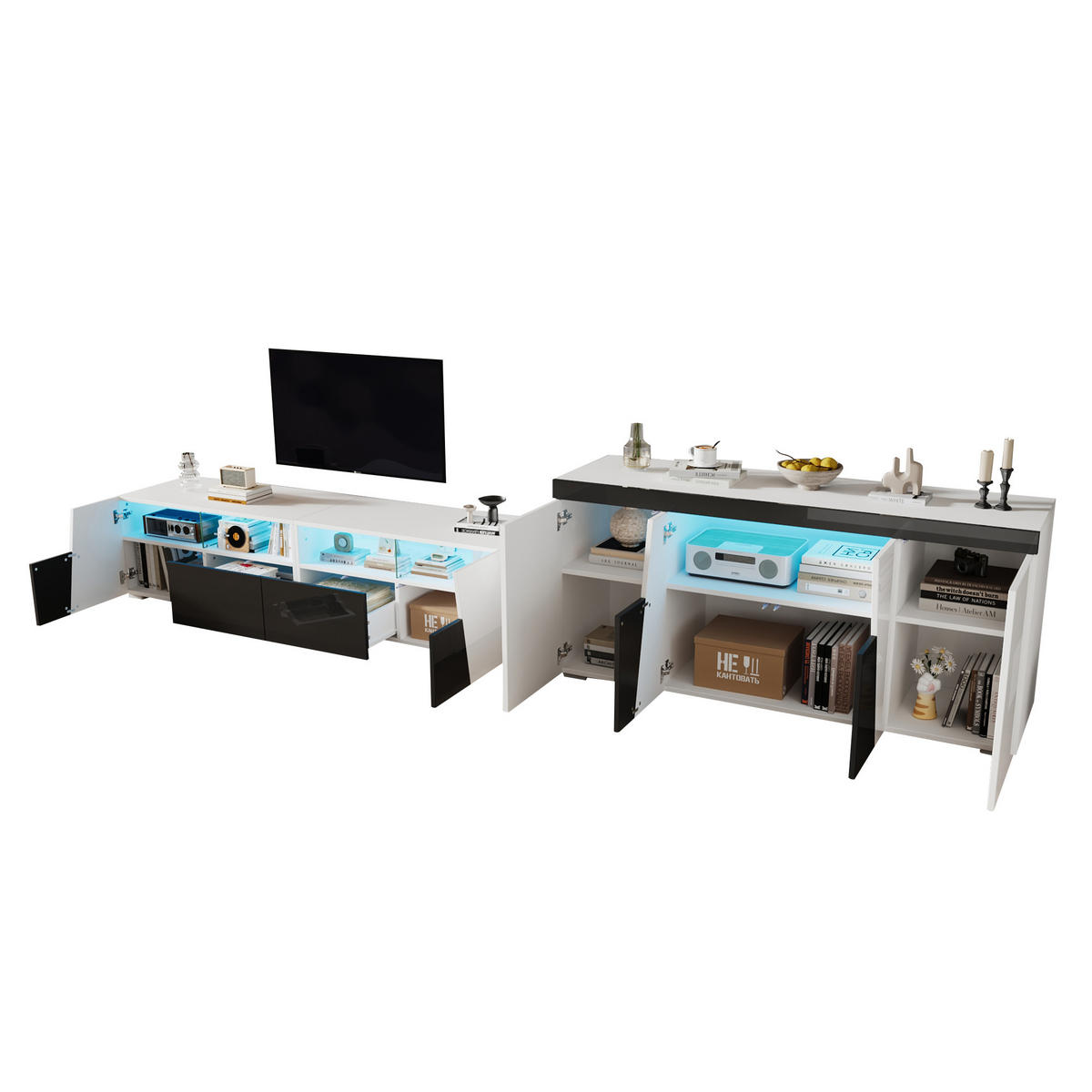 TV-SCHRANKSET 180cm Schwarz Weiß Hochglanz LED MDF - Weiß, Holzwerkstoff (180/45/38.5cm) - FLIEKS
