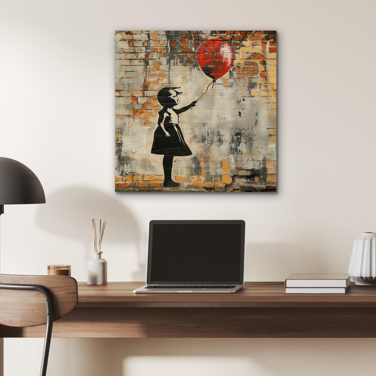 KOVOVÝ OBRAZ Graffiti - Banksy - Dievča - Street art 50x50 cm - piesková, kov (50/50cm) - MuchoWow