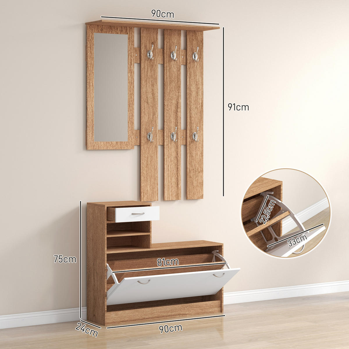 GARDEROBE DE-16812 3-in-1 mit Spiegel, 6 Haken & Schuhbank - Walnussfarben, Holzwerkstoff (10/102/90cm) - ComfortXL