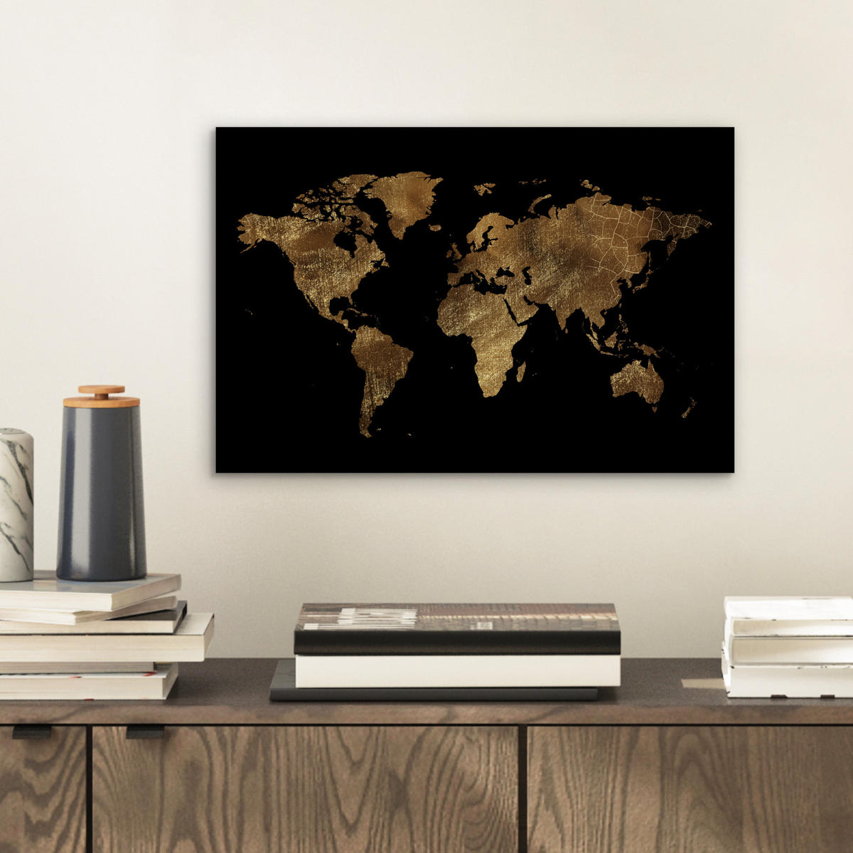 KOVOVÝ OBRAZ Mapa sveta - Zlato - Luxus - Zem - Čierna 30x20 cm - zlatá, kov (30/20cm) - MuchoWow
