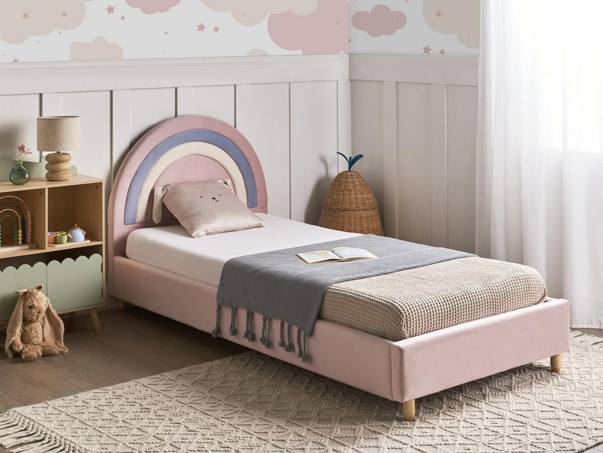 DĚTSKÁ POSTEL Duha Sametová látka 90/200 cm Růžová Landeillau - světle hnědá, textil (90/200cm) - Beliani