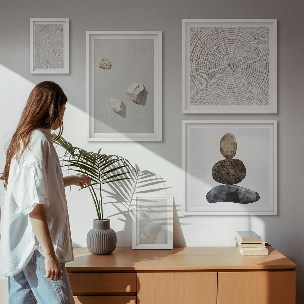 BILDER SET 5er Set - 50x50 cm & 20x30 cm & 40x60 cm Weißer Rahmen - Sandsteine moderne Farbe - Weiß, Kunststoff (40/60cm) - TULUP