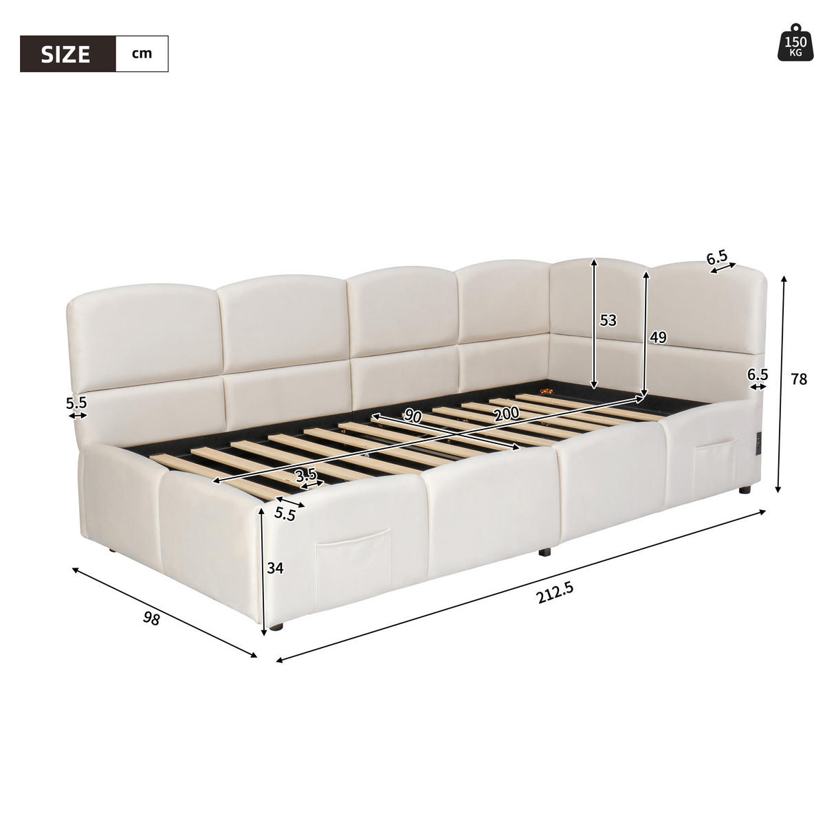 POLSTERBETT 90/200 cm beige aus Samt mit Stauraum, USB und Seitentaschen - Beige, Holzwerkstoff (90/200cm) - OKWISH